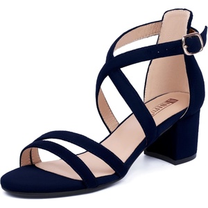 image:imageIDIFU Womens Block Low Chunky Heel Strappy Sandals Open Toe Ankle Strap Dress Wedding Evening Shoe for Women BridalBlue Suede