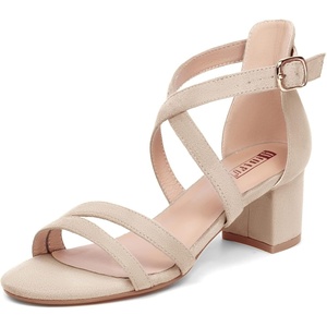 image:imageIDIFU Womens Block Low Chunky Heel Strappy Sandals Open Toe Ankle Strap Dress Wedding Evening Shoe for Women BridalNude Suede