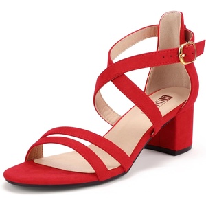 image:imageIDIFU Womens Block Low Chunky Heel Strappy Sandals Open Toe Ankle Strap Dress Wedding Evening Shoe for Women BridalRed Suede