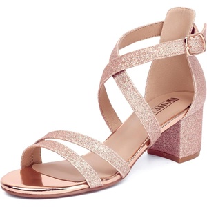 image:imageIDIFU Womens Block Low Chunky Heel Strappy Sandals Open Toe Ankle Strap Dress Wedding Evening Shoe for Women BridalRose Gold Shiny