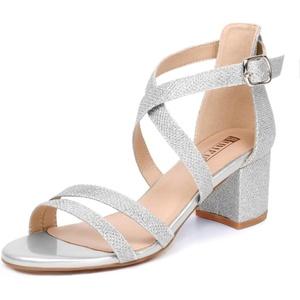 image:imageIDIFU Womens Block Low Chunky Heel Strappy Sandals Open Toe Ankle Strap Dress Wedding Evening Shoe for Women BridalSilver Glitter