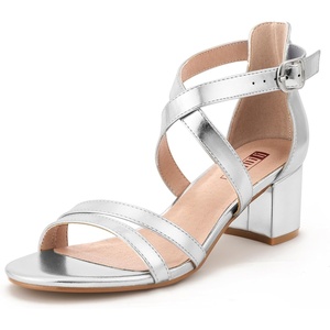 image:imageIDIFU Womens Block Low Chunky Heel Strappy Sandals Open Toe Ankle Strap Dress Wedding Evening Shoe for Women BridalSilver Pu