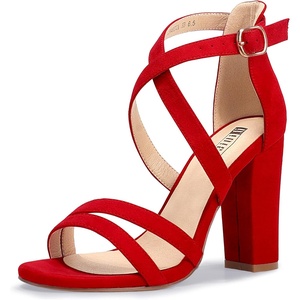 image:imageIDIFU Womens Chunky High Heel Sandal Strappy Open Toe Ankle Strap Dress Shoes for Women Bridesmaid Ladies in Wedding Bridal Evening Homecoming PromD Red Suede