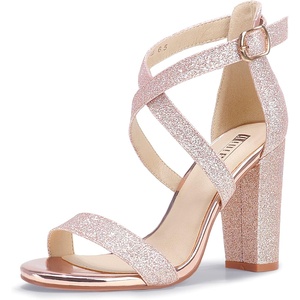 image:imageIDIFU Womens Chunky High Heel Sandal Strappy Open Toe Ankle Strap Dress Shoes for Women Bridesmaid Ladies in Wedding Bridal Evening Homecoming PromRose Gold Shiny