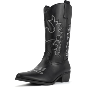 image:imageIDIFU Womens Cowboy Boots for Women Cowgirl Western Mid Calf Embroidered Chunky Low Heel Pointed Toe Country Dress Cute Fashion Comfortable Boots BootiesBlack Pu