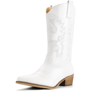 image:imageIDIFU Womens Cowboy Boots for Women Cowgirl Western Mid Calf Embroidered Chunky Low Heel Pointed Toe Country Dress Cute Fashion Comfortable Boots BootiesWhite Pu