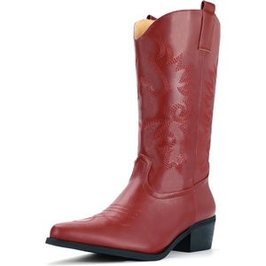 image:imageIDIFU Womens Cowboy Boots for Women Cowgirl Western Mid Calf Embroidered Chunky Low Heel Pointed Toe Country Dress Cute Fashion Comfortable Boots BootiesRed Pu