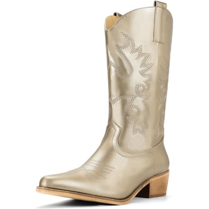 image:imageIDIFU Womens Cowboy Boots for Women Cowgirl Western Mid Calf Embroidered Chunky Low Heel Pointed Toe Country Dress Cute Fashion Comfortable Boots BootiesGold Pu