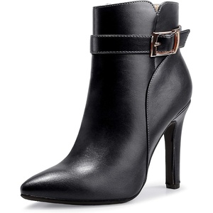 image:imageIDIFU Womens Dana Pointed Toe Stiletto High Heels Ankle Booties Side Zipper Short Boots with Metal BuckleBlack Pu