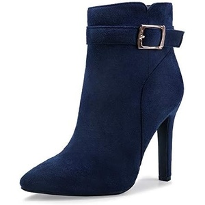 image:imageIDIFU Womens Dana Pointed Toe Stiletto High Heels Ankle Booties Side Zipper Short Boots with Metal BuckleBlue Suede