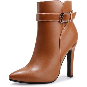 image:imageIDIFU Womens Dana Pointed Toe Stiletto High Heels Ankle Booties Side Zipper Short Boots with Metal BuckleBrown Pu