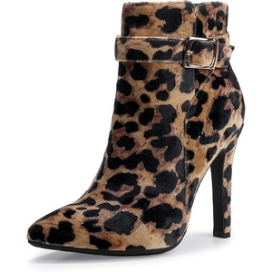 image:imageIDIFU Womens Dana Pointed Toe Stiletto High Heels Ankle Booties Side Zipper Short Boots with Metal BuckleLeopard Suede