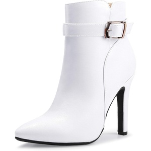 image:imageIDIFU Womens Dana Pointed Toe Stiletto High Heels Ankle Booties Side Zipper Short Boots with Metal BuckleWhite Pu