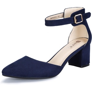 image:imageIDIFU Womens IN2 Pedazo Dress Shoes Low Block Heels Comfortable Chunky Closed Toe Ankle Strap Wedding PumpsBlue Suede
