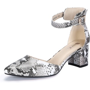 image:imageIDIFU Womens IN2 Pedazo Dress Shoes Low Block Heels Comfortable Chunky Closed Toe Ankle Strap Wedding PumpsSnake White