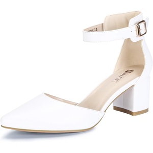 image:imageIDIFU Womens IN2 Pedazo Dress Shoes Low Block Heels Comfortable Chunky Closed Toe Ankle Strap Wedding PumpsWhite Pu