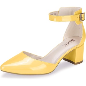 image:imageIDIFU Womens IN2 Pedazo Dress Shoes Low Block Heels Comfortable Chunky Closed Toe Ankle Strap Wedding PumpsYellow Patent