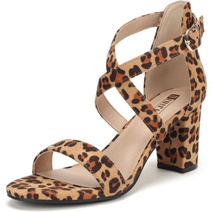 image:imageIDIFU Womens IN3 Grace Strappy Block Heels Sandals Comfy Open Toe Chunky Dress Wedding Shoes with Adjustable Cross StrapCheetah Suede