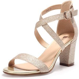image:imageIDIFU Womens IN3 Grace Strappy Block Heels Sandals Comfy Open Toe Chunky Dress Wedding Shoes with Adjustable Cross StrapGold Glitter