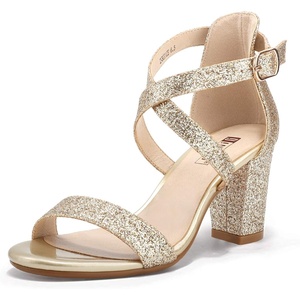 image:imageIDIFU Womens IN3 Grace Strappy Block Heels Sandals Comfy Open Toe Chunky Dress Wedding Shoes with Adjustable Cross StrapGold Sparkle