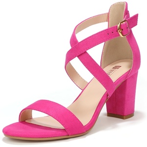 image:imageIDIFU Womens IN3 Grace Strappy Block Heels Sandals Comfy Open Toe Chunky Dress Wedding Shoes with Adjustable Cross StrapHot Pink Suede