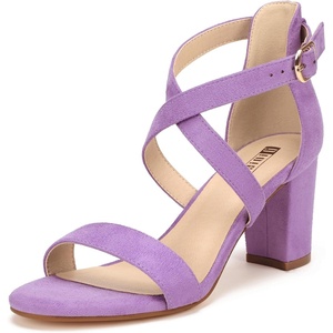 image:imageIDIFU Womens IN3 Grace Strappy Block Heels Sandals Comfy Open Toe Chunky Dress Wedding Shoes with Adjustable Cross StrapLilac Suede
