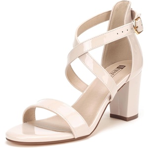 image:imageIDIFU Womens IN3 Grace Strappy Block Heels Sandals Comfy Open Toe Chunky Dress Wedding Shoes with Adjustable Cross StrapNude Patent