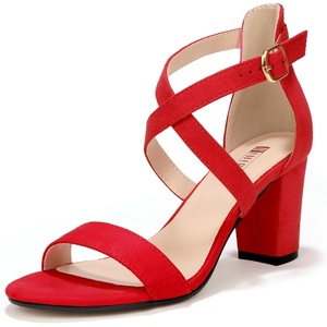 image:imageIDIFU Womens IN3 Grace Strappy Block Heels Sandals Comfy Open Toe Chunky Dress Wedding Shoes with Adjustable Cross StrapRed Suede