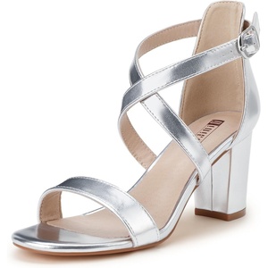 image:imageIDIFU Womens IN3 Grace Strappy Block Heels Sandals Comfy Open Toe Chunky Dress Wedding Shoes with Adjustable Cross StrapSilver Pu