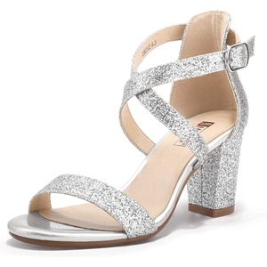 image:imageIDIFU Womens IN3 Grace Strappy Block Heels Sandals Comfy Open Toe Chunky Dress Wedding Shoes with Adjustable Cross StrapSilver Sparkle
