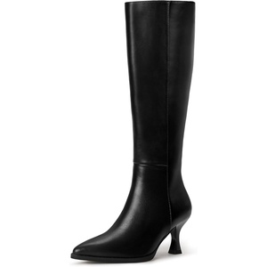 image:imageIDIFU Womens IN3 Knee High Tall Boots Pointed Toe Low Kitten Heel Long Fall Boot Side Zipper for Women Ladies Dress Dressy Fashion Small Heeled BootsBlack Pu