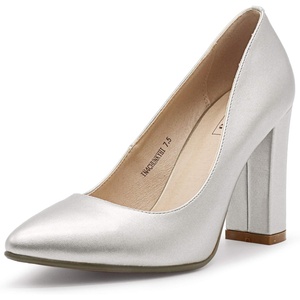 image:imageIDIFU Womens IN4 ChunkyHI Block High Heels Closed Pointed Toe Pumps Dress Office Shoes for WomenSilver Pu