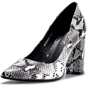 image:imageIDIFU Womens IN4 ChunkyHI Block High Heels Closed Pointed Toe Pumps Dress Office Shoes for WomenSnake White