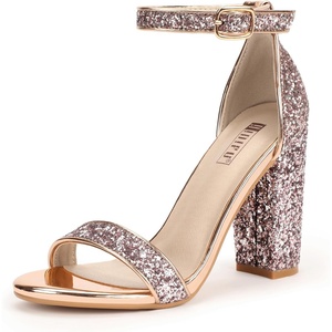 image:imageIDIFU Womens IN4 CookieHI Chunky High Heel Sandals Open Toe Ankle Strap Wedding Bridal Prom Dress Shoes For Women Bride BridesmaidRose Gold Glitter
