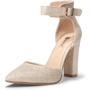 image:imageIDIFU Womens IN4 Pedazo High Block Heels Pumps Pointed Closed Toe Ankle Strap Dress Wedding ShoesGold Glitter
