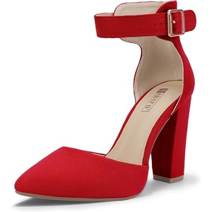 image:imageIDIFU Womens IN4 Pedazo High Block Heels Pumps Pointed Closed Toe Ankle Strap Dress Wedding ShoesRed Suede New