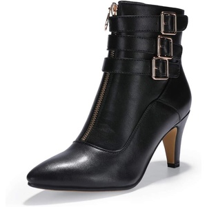 image:imageIDIFU Womens Pointed Toe Metal Buckle Two Strap Ankle Booties Side Zipper Kitten Heel Dress Classic Short BootsBlack