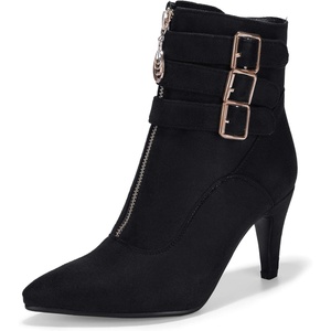 image:imageIDIFU Womens Pointed Toe Metal Buckle Two Strap Ankle Booties Side Zipper Kitten Heel Dress Classic Short BootsBlack Suede