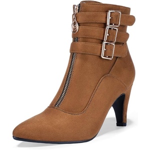 image:imageIDIFU Womens Pointed Toe Metal Buckle Two Strap Ankle Booties Side Zipper Kitten Heel Dress Classic Short BootsBrown Suede