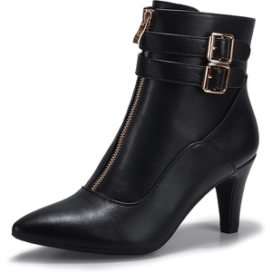 image:imageIDIFU Womens Pointed Toe Metal Buckle Two Strap Ankle Booties Side Zipper Kitten Heel Dress Classic Short BootsD Black Pu