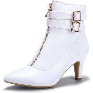 image:imageIDIFU Womens Pointed Toe Metal Buckle Two Strap Ankle Booties Side Zipper Kitten Heel Dress Classic Short BootsD White Pu