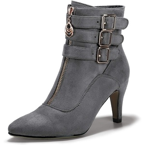 image:imageIDIFU Womens Pointed Toe Metal Buckle Two Strap Ankle Booties Side Zipper Kitten Heel Dress Classic Short BootsGray Suede