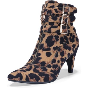 image:imageIDIFU Womens Pointed Toe Metal Buckle Two Strap Ankle Booties Side Zipper Kitten Heel Dress Classic Short BootsLeopard