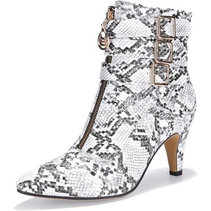image:imageIDIFU Womens Pointed Toe Metal Buckle Two Strap Ankle Booties Side Zipper Kitten Heel Dress Classic Short BootsSnake White