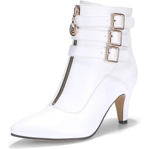 image:imageIDIFU Womens Pointed Toe Metal Buckle Two Strap Ankle Booties Side Zipper Kitten Heel Dress Classic Short BootsWhite