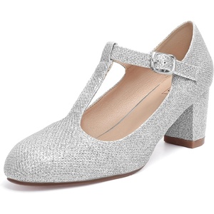 image:imageIDIFU Womens Pumps Dress Shoes for Women Mary Jane Low Chunky Closed Toe TStrap Womens Dress Shoes Wedding Shoes for Bride Black Nude Silver Heels for WomenSilver Glitter
