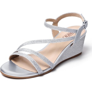 image:imageIDIFU Womens Wedge Heel Sandal Dress Low Strappy 2 Inch Open Toe Wedding Bridal Shoes for Woman Ladies Evening FormalSilver Glitter