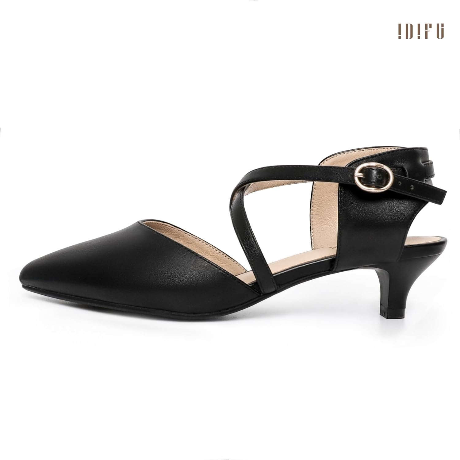 image:imageIDIFU IN2 Womens Pumps Closed Toe Low Heel Dress Shoes for Women Pointed Toe Kitten Heels Comfortable Casual Sparkly Rhinestone Wedding Bridal Formal Work Office Prom Party Strappy Ankle Strap HeelsBlack Pu Classic