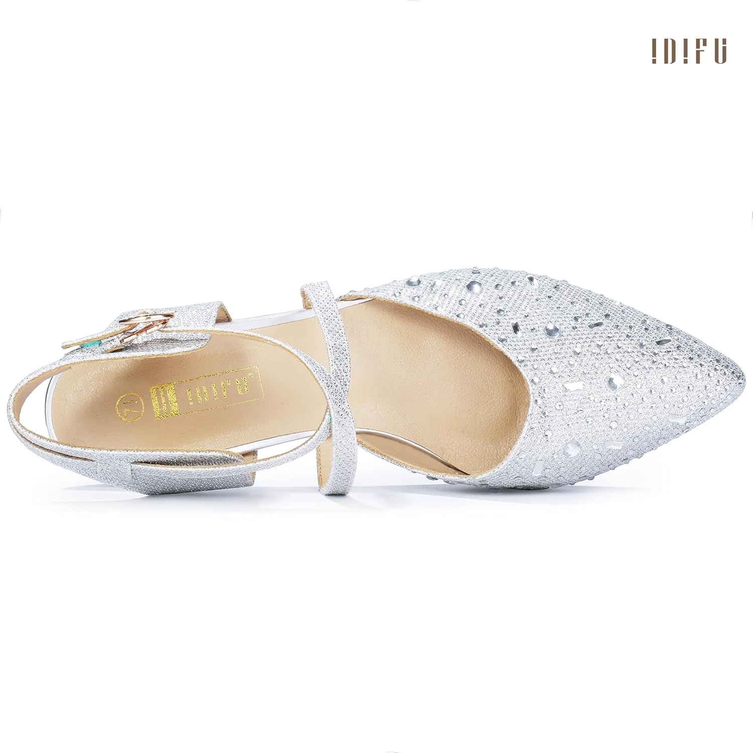 image:imageIDIFU IN2 Womens Pumps Closed Toe Low Heel Dress Shoes for Women Pointed Toe Kitten Heels Comfortable Casual Sparkly Rhinestone Wedding Bridal Formal Work Office Prom Party Strappy Ankle Strap HeelsSilver