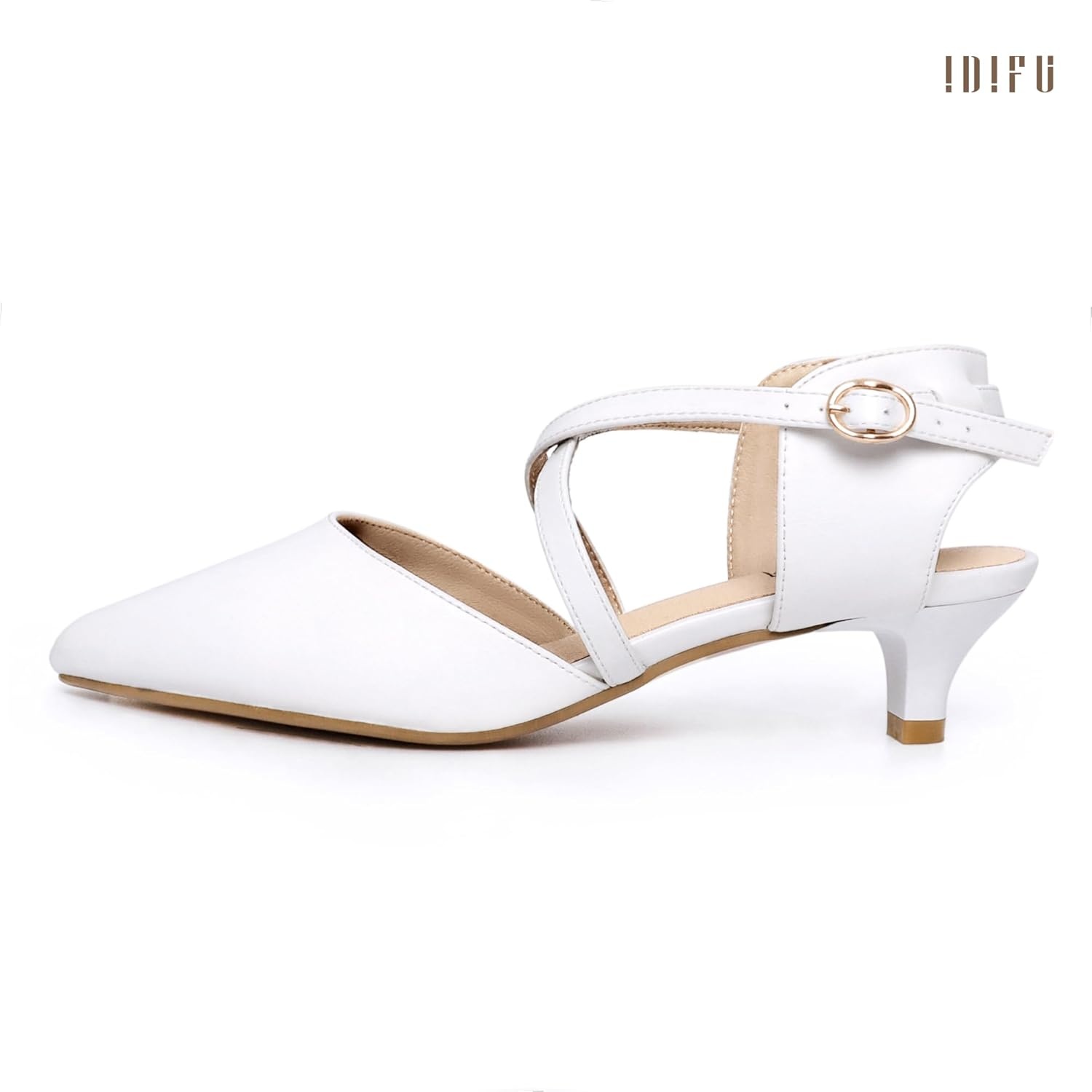 image:imageIDIFU IN2 Womens Pumps Closed Toe Low Heel Dress Shoes for Women Pointed Toe Kitten Heels Comfortable Casual Sparkly Rhinestone Wedding Bridal Formal Work Office Prom Party Strappy Ankle Strap HeelsWhite Pu Classic